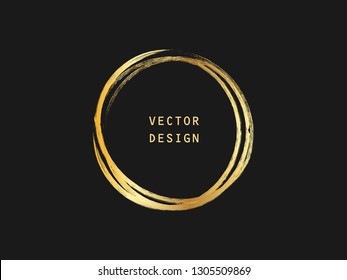 Metallic gold circle shape. Label, logo design element, frame. Brush abstract wave. Vector illustration.