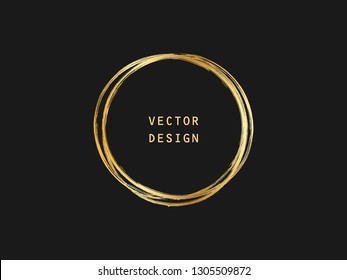 Metallic gold circle shape. Label, logo design element, frame. Brush abstract wave. Vector illustration.