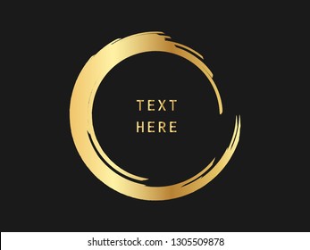 Metallic gold circle shape. Label, logo design element, frame. Brush abstract wave. Vector illustration.