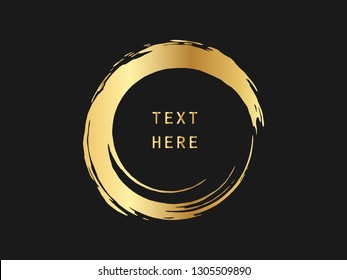 Metallic gold circle shape. Label, logo design element, frame. Brush abstract wave. Vector illustration.
