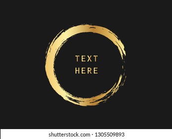 Metallic gold circle shape. Label, logo design element, frame. Brush abstract wave. Vector illustration.