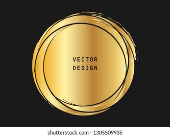 Metallic gold circle shape. Label, logo design element, frame. Brush abstract wave. Vector illustration.