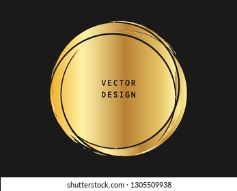 Metallic gold circle shape. Label, logo design element, frame. Brush abstract wave. Vector illustration.