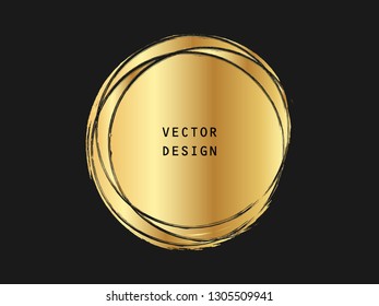 Metallic gold circle shape. Label, logo design element, frame. Brush abstract wave. Vector illustration.