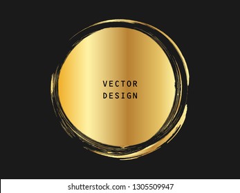 Metallic gold circle shape. Label, logo design element, frame. Brush abstract wave. Vector illustration.