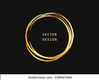 Metallic gold circle shape. Label, logo design element, frame. Brush abstract wave. Vector illustration.