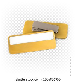Metallic gold empty badge on a magnet of rectangular shape. Set of metal id plate. Identification badge. Vector mockup isolated on white transparent background.