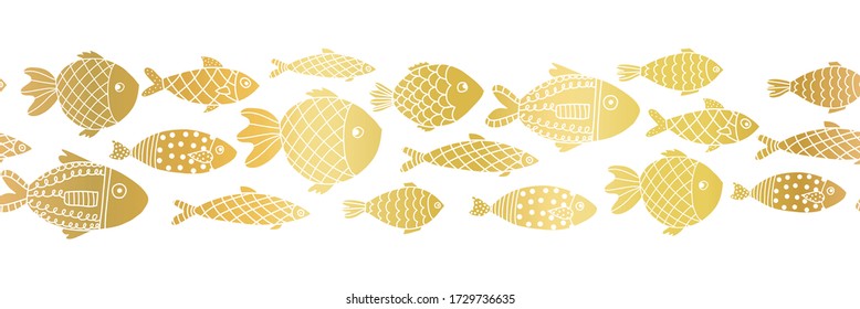 La lámina de oro metálico pesca el borde vectorial sin fisuras. Patrón de repetición de animales del océano dorado. Escuela de peces tropicales. Patrón marino de verano para banners, cintas, pie de página, decoración de tarjetas