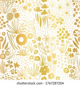 Metallic gold foil flower field on white seamless vector pattern. Repeating golden liberty doodle flower meadow background. Elegant florals for home decor, wedding, summer party, cards, invites