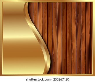 Metallic gold frame on wooden background for your design