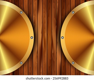 Metallic gold frame on wooden background for your design