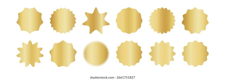 Conjunto de etiquetas redondas starburst de gradiente dorado metálico. Vector dorado en blanco sunburst Insignias. Plantilla para la etiqueta de Precio, certificado, sello promocional, embalaje de lujo, sello, etiqueta engomada del descuento, marca de calidad