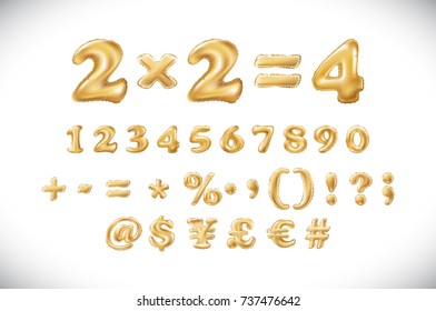 Metallic Gold Letter Balloons, 1 2 3 4 5 6 7 8 9 Golden Numeral Alphabeth. Mathematics, Numbers Art