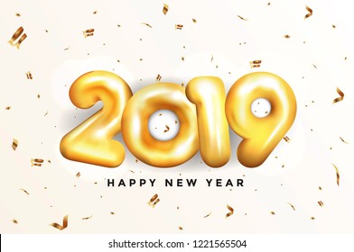 Metallic Gold Letter Balloons, Happy New year 2019, Gold Number Balloons. Social media template for website and mobile website development, email and newsletter design, marketing material. Vector