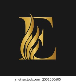 Metallic Gold Letter 'E' Logo with Flame Design on Dark Gray Background  
