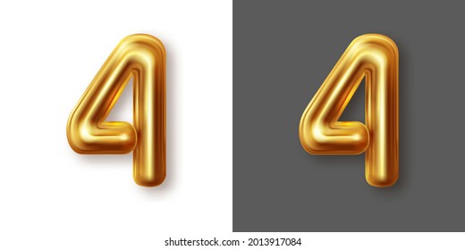 Metallic gold numeral symbol - 4. Creative vector illustration of golden glossy font, metallic font, golden numeral isolated on white and gray background. Luxury metallic typographic artistic design.