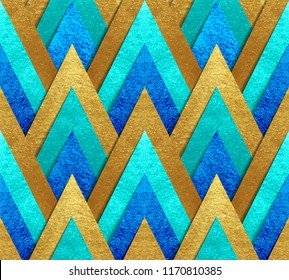 Metallic gold paper cut at geometric bright background peacock colors vector seamless pattern made of foil triangles with transparent shadow