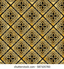 metallic gold pattern on a black background made of geometric elements and iron bronze flower