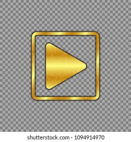 Metallic gold plated play button on isolated transparent background. The power button is scratched, worn. Vector illustration.