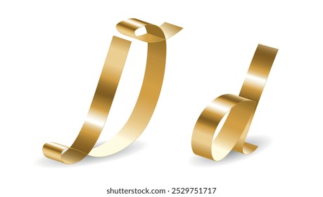 Cinta de oro metálico Letras del alfabeto inglés D con sombras aisladas sobre fondo blanco. Ilustración vectorial para el diseño de vacaciones