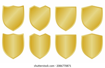 metallic gold shield in several shapes on a white background. suitable for logos, warranty, anti virus etc