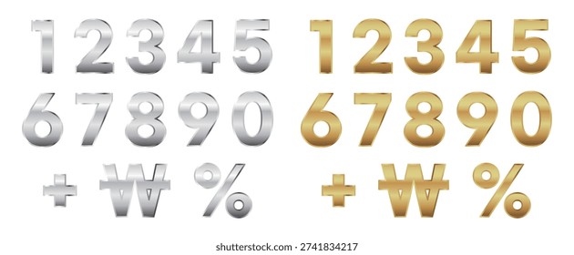 Metallic Gold and Silver 3D Numbers with Plus, Won and Percent Symbols