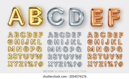 Metallic Gold, Silver And Bronze English Alphabet. Sets Of Letters From A To Z. Vector Illustration.