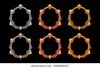 Metallic gold, silver, bronze frame and gemstones set. Rank border badge. Avatar frame rank level ring frame. Metal interface asset for avatar. Empty golden, silver and bronze white reward graphic