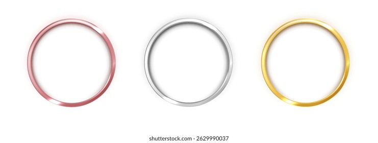 Marcos redondos metálicos dorados, plateados, bronce. Elementos de emblema o insignia brillantes para los premios del primer, segundo y tercer lugar. Anillos vacíos Abstractas aislados