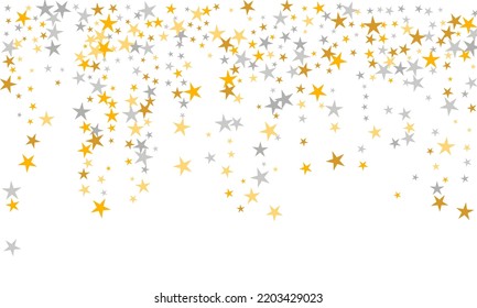 Metallic gold and silver flying falling stars confetti magic christmas vector, premium sparkles stardust background border. Holiday party decor, flying sparkles  confetti, christmas stars vector.