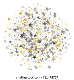 Metallic gold and silver flying stars confetti magic christmas vector, premium sparkles stardust background pattern. Holiday party decor, flying sparkles  confetti, christmas stars background vector.