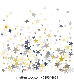 Metallic gold and silver flying stars confetti magic christmas vector, premium sparkles stardust background pattern. Holiday party decor, flying sparkles  confetti, christmas stars background vector.