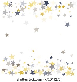 Metallic gold and silver flying stars confetti magic christmas vector, premium sparkles stardust background pattern. Holiday party decor, flying sparkles  confetti, christmas stars background vector.