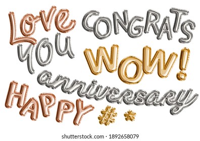 Metallic Gold Silver and Rose Gold Text Balloons Set, Type golden silver alphabet. Gold type Balloons for Text, Letter, new year, holiday, birthday, celebration, party.