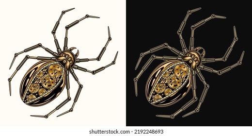 Araña metálica de oro en estilo steampunk con engranajes. Creativo elemento de diseño espeluznante, aterrador, de horror para la decoración de halloween. Ilustración vectorial detallada creativa