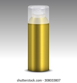 Metallic gold spray can model vector with curved corner lid on gradient background