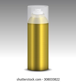 Metallic gold spray can model vector on gradient background