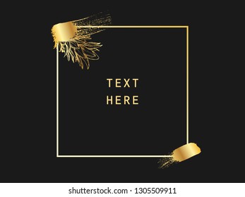 Metallic gold square shape. Label, logo design element, frame with floral abstract elements and brush paint. Vector illustration.