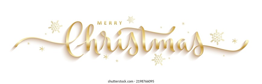 Metallic gold vector MERRY CHRISTMAS brush calligraphy banner with swashes and snowflakes