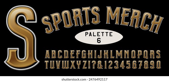 A metallic gold and white alphabet with 3d effects, ideal for sports merchandising and apparel