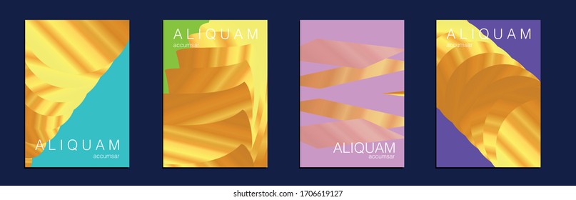 Metallic Gold Yellow Set of Vector Backgrounds for Business Flyers. Fluid Minimal Cover. Liquid Texture for Foil Label. Vintage Cosmic Design. 1990 Paper Gradient Backdrop. Luxury Abstract Brochure.