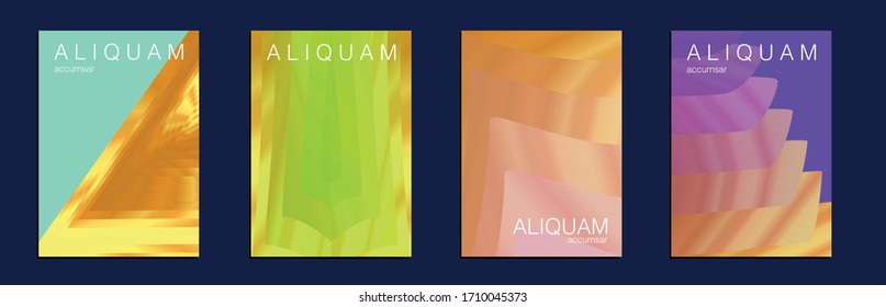  Conjunto metálico dorado de fondos vectoriales para volantes de negocios.Textura líquida para la etiqueta de aceite. Diseño Cósmico Vintage. Fondo de degradado de papel de 1990. Folleto abstracto de lujo.Tapa mínima de líquido.