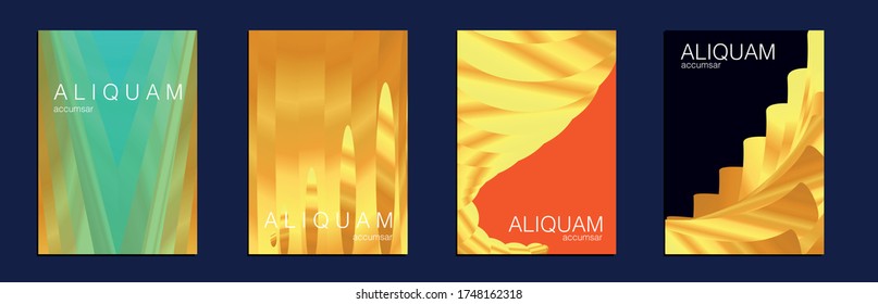 Metallic Gold Yellow Set of Vector Backgrounds for Business Flyers. 1990 Paper Gradient Backdrop. Luxury Abstract Brochure. Fluid Minimal Cover. Liquid Texture for Foil Label. Vintage Cosmic Design.