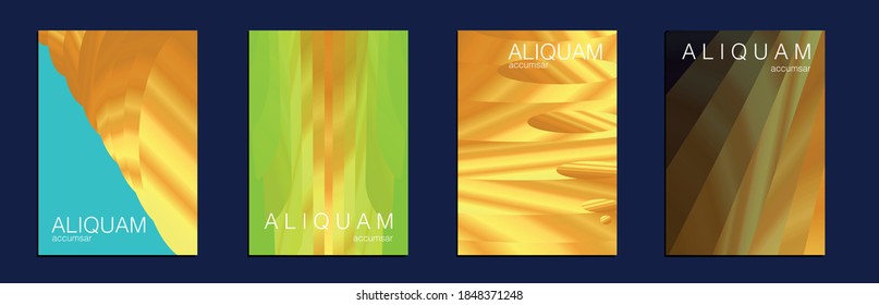Metallic Gold Yellow Set of Vector Backgrounds for Business Flyers. Liquid Texture for Foil Label. Vintage Cosmic Design. Fluid Minimal Cover. 1990 Paper Gradient Backdrop. Luxury Abstract Brochure.