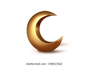 Metallic golden 3d half month. Crescent decor element for Ramadan Kareem celebration. vector isolated object.