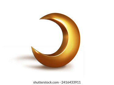 Metallic golden 3d half month. Crescent decor element for Ramadan Kareem celebration. Vector illustration
