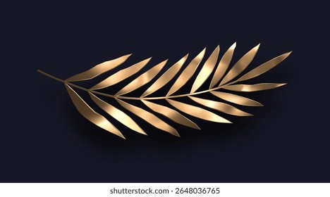 Metallic golden branch. Palm branch on dark background. Vector illustration.