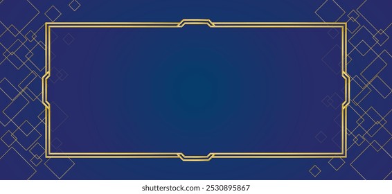 Design de quadro dourado metálico, modelo de banner vazio elegante, fundo azul .