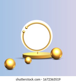 Metallic golden frame with floating geometrical forms, round platform, realistic minimal background, 3d luxury scene for product presentation or mockup. Vector Illustration