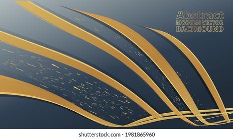 Metallic golden grey blue wavy motion 3d art deco elegant realistic geometric abstract modern vector background techno, luxury strong design for banner decoration, shiny sparkles creative pattern